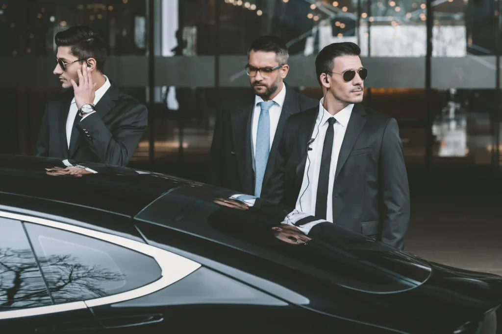 bodyguards going with businessman and reviewing territory near limo masters car in office and company and airport